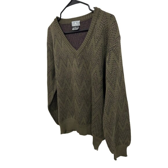 Chevron Patterned Olive Purple V-Neck Sweater Sz XL Made In Uruguay Merino Wool - Picture 3 of 9
